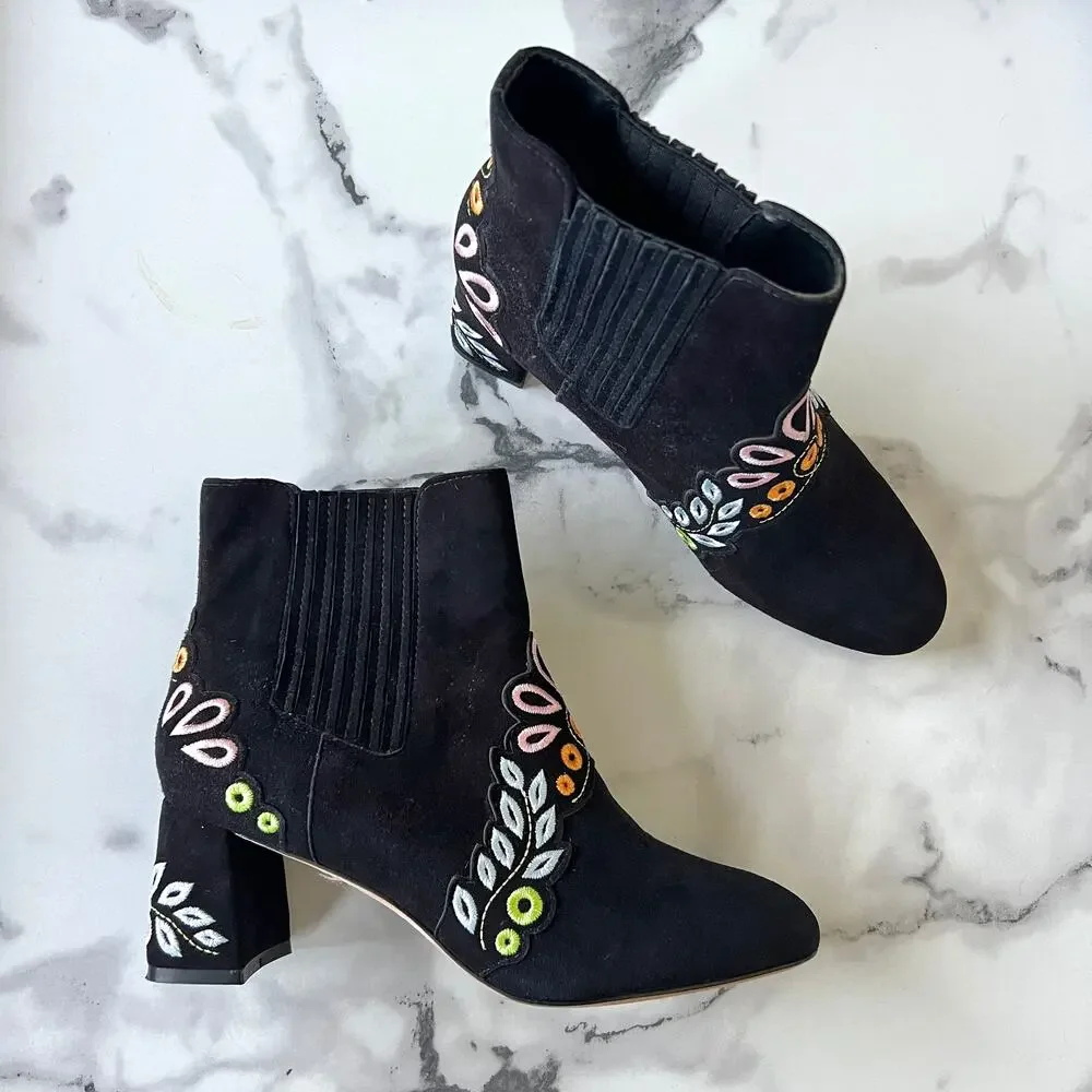 Sophia Webster Liliana Black Suede Embroidered Booties Size 38.5